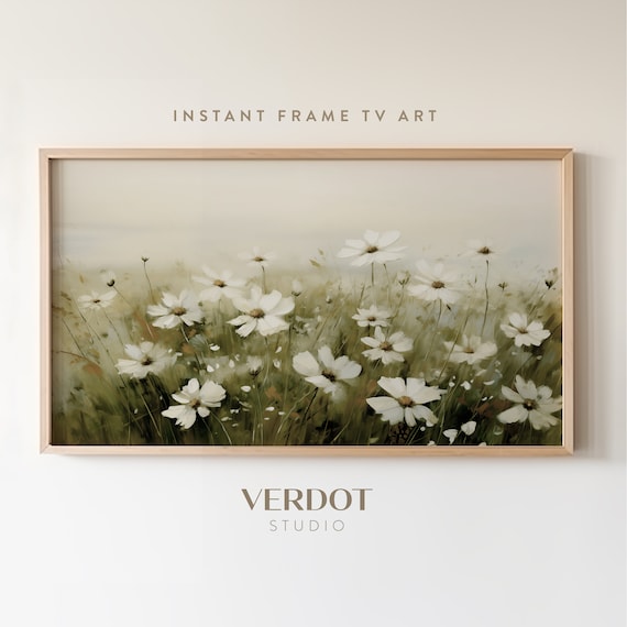 Spring Frame TV Art, Wildflower Landscape Tv Art, White Green Floral Oil Painting, Vintage Muted Spring Meadow, Easter Decor | TV2406