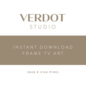 May include: A brown rectangle with the text "VERDOT STUDIO" in white, followed by the text "INSTANT DOWNLOAD FRAME TV ART" in white, and finally the text "3840 X 2160 PIXEL" in white.