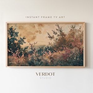 May include: A watercolour painting of a woodland scene with a light brown background. The painting features a variety of trees and foliage, with a focus on the pink flowers in the foreground. The painting has a vintage aesthetic and is framed in a light wood frame.