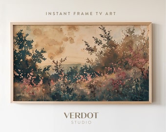Wildflower Landscape Frame TV Art, Summer Tv Art, Dark Rustic Burgundy Green Beige Painting, Moody Earthy Botanical Screensaver | TV24111