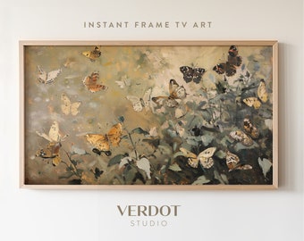 Summer Butterfly Frame TV Art, Dark Neutral Golden Tv Art, Vintage Style Garden Painting, Rustic Country Decor, Insect Screensaver | TV2484