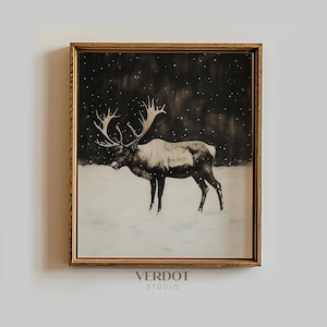 Winter Reindeer Christmas Print, Christmas Decor, Printable Wall Art, Vintage Winter Night Snowy Holiday Painting, Moody Deer Poster | 24252