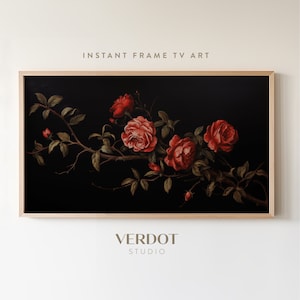 Red Roses Valentines Day Frame TV Art, Vintage Floral Oil Painting, Botanical Flowers Frame TV Art, Dark Moody Decor | TV2346