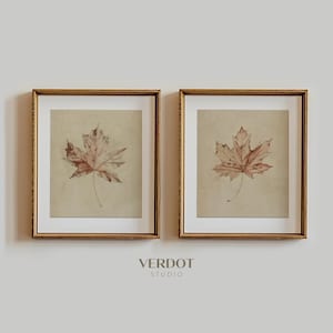 2er Set Vintage Herbst Blatt druckbare Wandkunst, Neutral rustikaler Herbst Druck, Beige Halloween Dekor, Herbst Druck, Ahornblatt | 24130-2