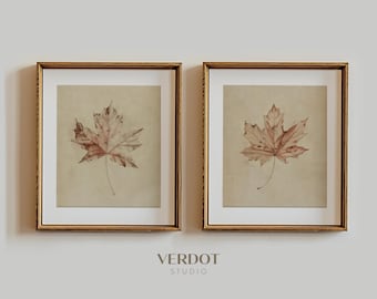 Set of 2 Vintage Fall Leaf Printable Wall Art, Neutral Rustic Autumn Print, Beige Halloween Decor, Fall Print, Maple Leaf Drawing | 24130-2