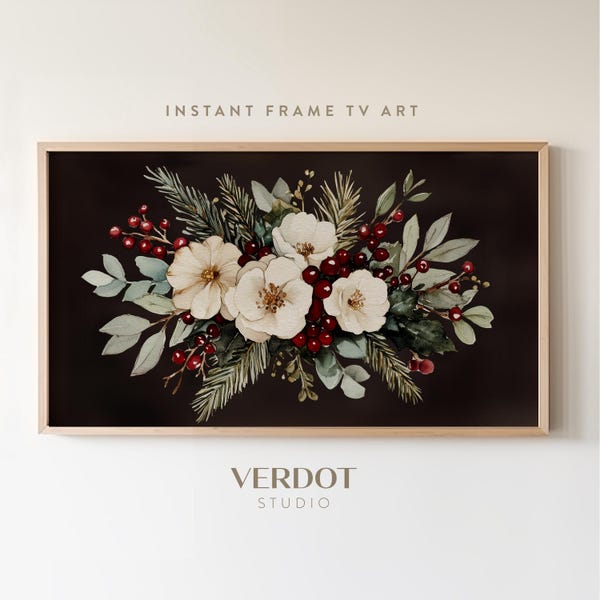 Winter Flowers Christmas Frame Tv Art, Holiday Botanical Screensaver, Dark Floral Painting, Antique Winter Bouquet | TV2418