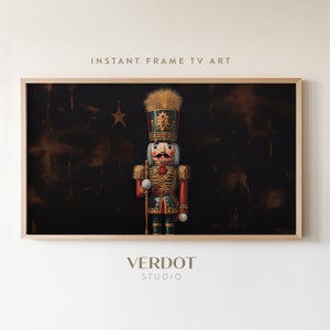 May include: A vintage-style nutcracker figurine with a red and gold uniform, a black hat with a white plume, and a white mustache. The nutcracker is standing on a dark background with a star in the upper left corner.