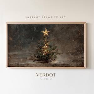 May include: A framed digital art print featuring a Christmas tree with a golden star on top. The artwork has a dark, moody aesthetic with the text "INSTANT FRAME TV ART" and "VERDOT STUDIO".