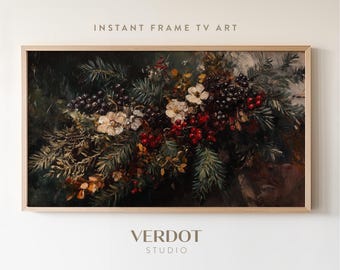 May include: A framed painting of a dark green floral arrangement with white flowers, red berries, and dark green leaves.