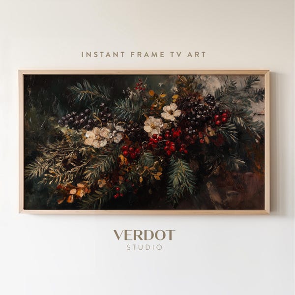 Vintage Christmas Flowers Frame Tv Art, Dark Winter Floral Painting Download, Christmas Decor, Evergreen botanical Screensaver | TV24204