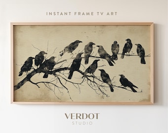 Black Crows Halloween Frame TV Art, Neutral Halloween Painting, Birds on Branch Tv Art, Fall Screensaver, Modern Halloween Decor | TV24148