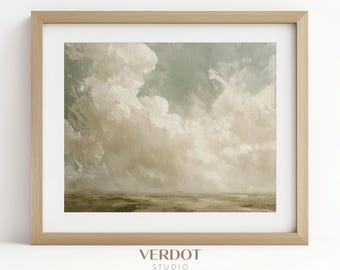 Vintage Spring Painting, Landscape Print, Printable Wall Art, Spring Decor, Antique Soft Cloudy Sky Country Print, Digital Download | 25022