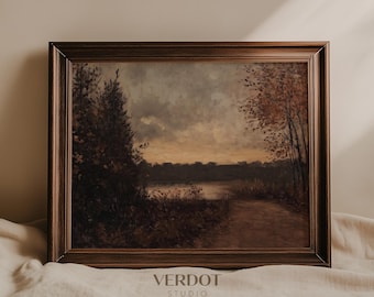 Moody Vintage Fall Landscape Print, Dark Brown Autumn Painting, Fall Decor, Printable Wall Art, Antique Scenery Halloween Poster | 24181