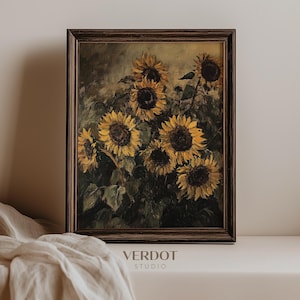 May include: A framed painting of a bouquet of sunflowers in shades of yellow and brown. The sunflowers are arranged in a vase and are surrounded by green leaves. The painting is set against a light brown background.