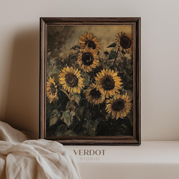 Vintage Sunflower Print Fall Decor, Printable Wall Art, Moody Autumn Flowers Painting, Dark Floral Antique Thanksgiving Decor  | 24179