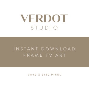 May include: A brown rectangle with the text "VERDOT STUDIO" in white, followed by the text "INSTANT DOWNLOAD FRAME TV ART" in white, and finally the text "3840 X 2160 PIXEL" in white.