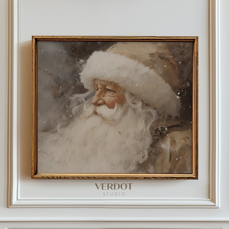 Vintage Santa Claus Painting, Christmas Printable Wall Art, Neutral Rustic Santa Print, Beige Holiday Decor, Winter Print SKU2321 image 1