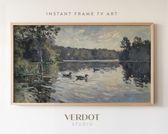 Loon Lake Summer Frame TV Art, Evening North Muskoka Landscape Tv Art, Vintage Style Screensaver, Spring Country River Scenery  | TV2468