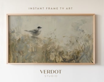 Art mural neutre printemps oiseau cadre, peinture abstraite vintage, décoration terreuse estival, téléchargement TV beige, peinture minimaliste country en sourdine | TV2431