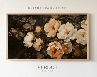 Dark Vintage Flowers Frame TV Art, Summer Tv Art, Neutral Pink Rustic Floral Painting, Botanical Easter Screensaver, Spring Decor | TV2455