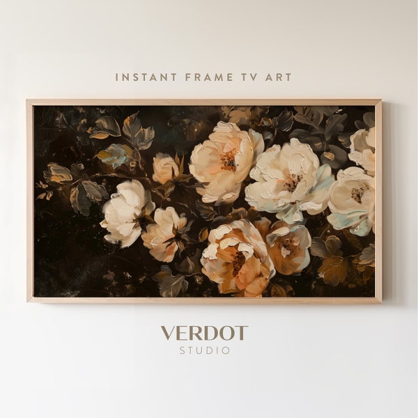 Dark Vintage Flowers Frame TV Art, Summer Tv Art, Neutral Pink Rustic Floral Painting, Botanical Easter Screensaver, Spring Decor | TV2455
