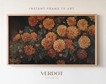 Autumn Frame Tv Art, Vintage Fall Mums Painting, Dark Moody Flower Painting, Rustic Orange Fall Decor, Thanksgiving Tv Screensaver | TV24189