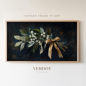 May include: A framed painting of a sprig of white berries with green leaves and a brown ribbon on a dark blue background. The painting is titled "VERDOT STUDIO".