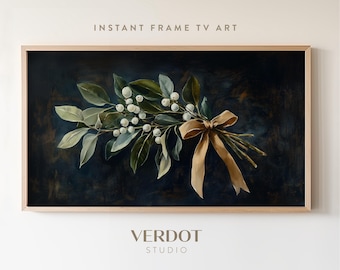 Mistletoe Christmas Frame Tv Art, Vintage Christmas Samsung Frame Tv Art, Dark Holiday Painting, Antique Neutral Screensaver | TV24237