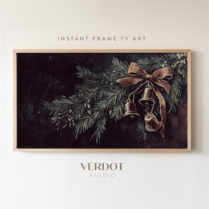 Dark Moody Christmas Frame Tv Art, Christmas Decor, Vintage Evergreen Christmas Bells Holiday Painting Antique Neutral Screensaver | TV24246
