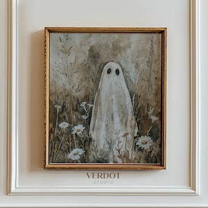 Halloween Geist Print, Geist & Blumen druckbare Wandkunst, Neutrales Halloween Dekor, Herbst Aquarell Malerei Poster, Academia Kunst | 24145