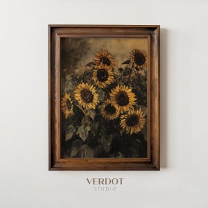 May include: A framed painting of a bouquet of sunflowers in shades of yellow, brown, and green. The sunflowers are arranged in a vase and are surrounded by green leaves. The painting is set against a dark background.