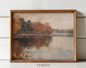 Vintage Fall Lake Painting Print, Fall Decor Printable Wall Art, North Country Autumn Thanksgiving Decor, Rustic Fall Poster | 24160