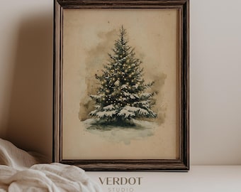 Vintage Christmas Tree Print, Christmas Decor Printable Wall Art, Moody Natural Antique Holiday Winter Evergreen Tree Painting | SKU24202