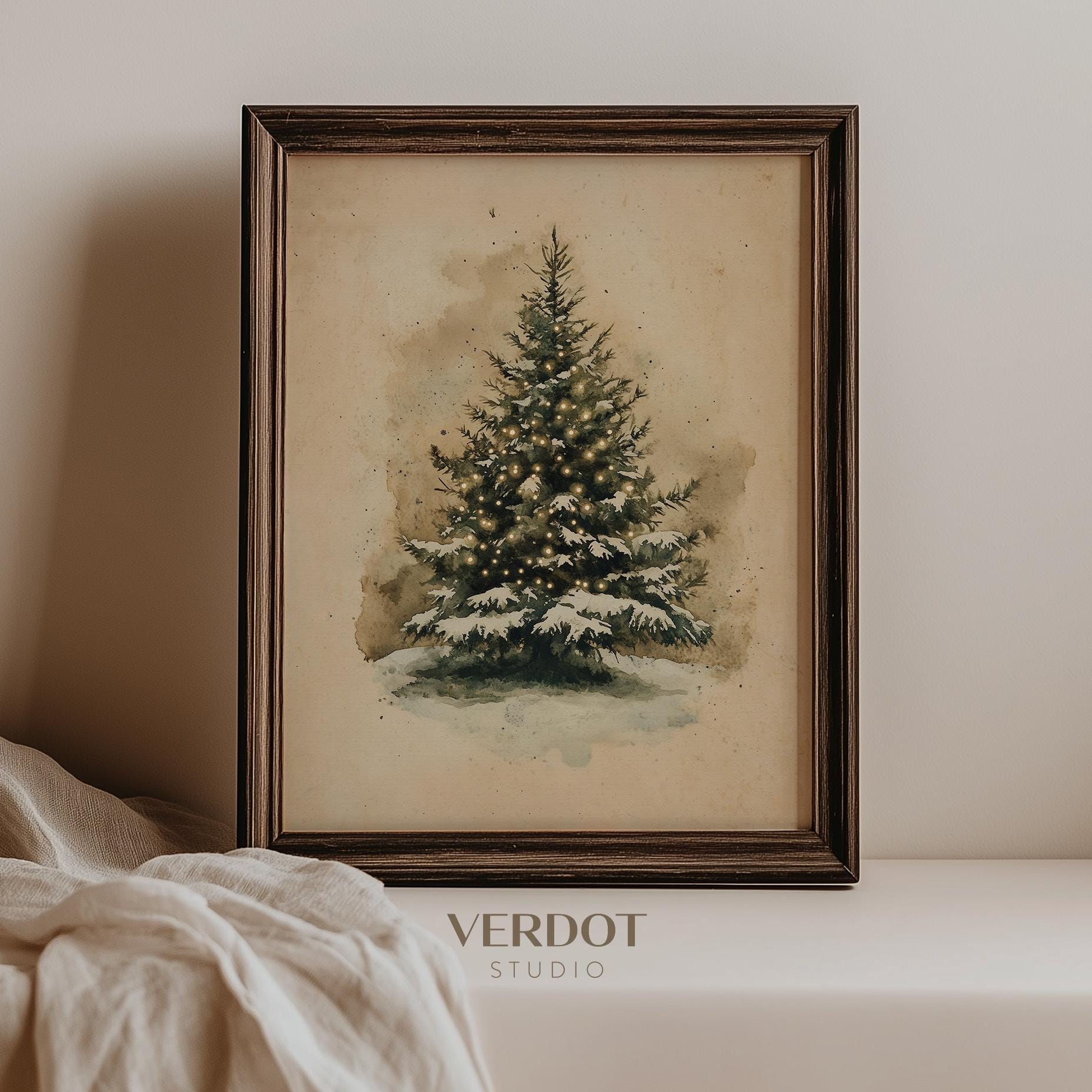 Vintage Christmas Tree Print, Christmas Decor Printable Wall Art, Moody Natural Antique Holiday Winter Evergreen Tree Painting | SKU24202