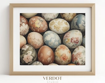 Easter Egg Print, Easter Decor, Spring Printable Wall Art, Vintage Country floral Eggs, Kitchen Print, Still life painting  | TV25027