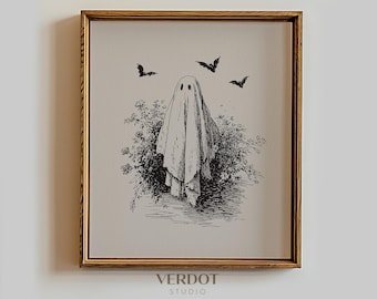 Art mural imprimable fantôme mignon, art mural imprimable Halloween vintage, décoration automne neutre, dessin d'esquisse de fantômes d'automne et de chauves-souris | 25071