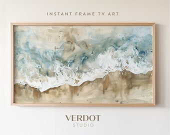 Summer Ocean Frame Tv Art, Coastal Decor, Abstract Painting, Blue & Beige Beach Tv Digital Download Screensaver, Ocean Waves  | TV24102