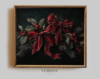 Red Bow Christmas Print: Moody Vintage Botanical Winter Printable Wall Art | 25176