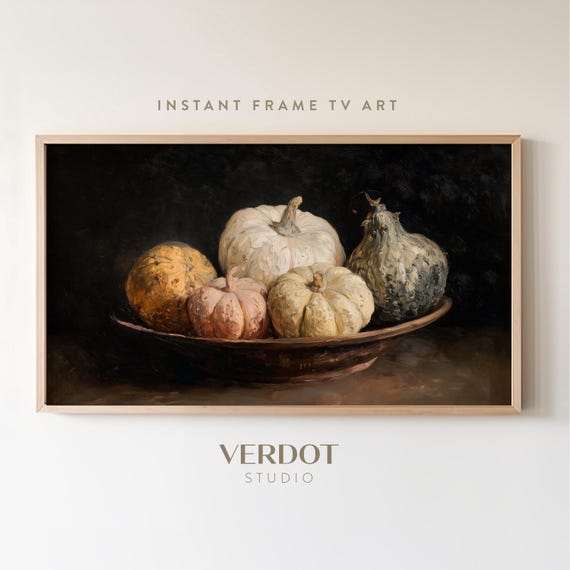 Vintage Fall Pumpkins Frame TV Art, Antique Dark Moody Autumn Gourd Bowl Painting, Halloween Tv Art, Thanksgiving Screensaver | TV25093