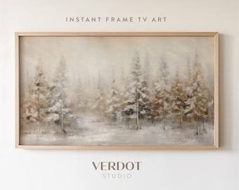 Golden Christmas Trees Frame Tv Art, Neutral Beige Holiday Winter Landscape Forest Painting Tv Digital Screensaver, Christmas Decor | TV2317