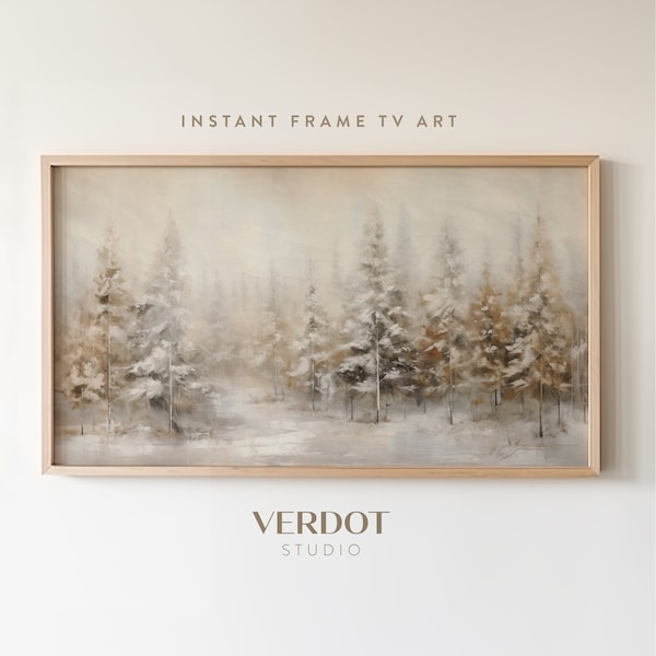 Arbres de Noël dorés cadre TV Art, beige neutre vacances hiver paysage forêt peinture TV écran de veille numérique, décor de Noël | TV2317