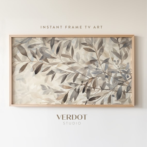 Olive Branch Neutral Frame TV Art, Botanical Summer Painting, Beige Screensaver, Earthy Natural Decor, Plant tree Painting | TV24125