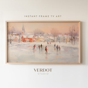 Vintage Style Christmas Frame Tv Art, Ice Skater Village Winter Landscape Oil Painting Digital Download Tv Art | TV2302