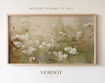Rustic Flowers Spring Frame TV Art, Vintage Wildflowers Painting, Botanical Cottagecore, Easter Green Meadow Tv Earthy Summer Decor | TV2414