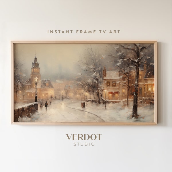 Vintage Winter Town Night Frame Tv Art, Christmas Frame Tv Screensaver, Neutral Holiday Winter Village Landscape Painting | TV2337