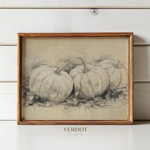 Herbst Kürbis Print, Vintage Herbst Dekor druckbare Wandkunst, Neutral Beige Halloween Dekor, Stillleben Herbst Print, Kürbis Zeichnung | 24156