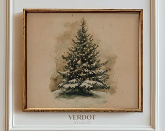 Vintage Christmas Tree Print, Christmas Decor, Winter Printable Wall Art, Neutral Beige Holiday Painting, Antique Evergreen Poster | 24202