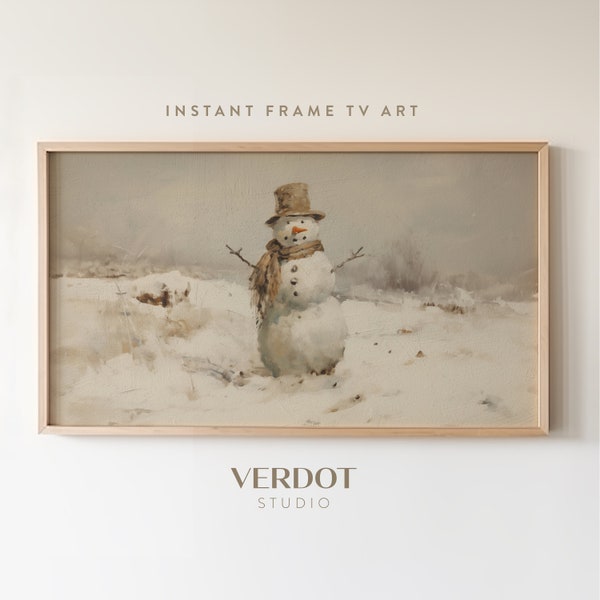 Vintage Snowman Christmas Frame Tv Art, Neutral Winter Painting Holiday Tv Digital Download, Christmas Decor | TV2324