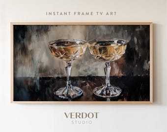 Vintage New Years Frame Tv Art, Champaign Painting Screensaver Party Decor Frame Tv Art, Christmas Holiday Drinks Still Life | TV24288