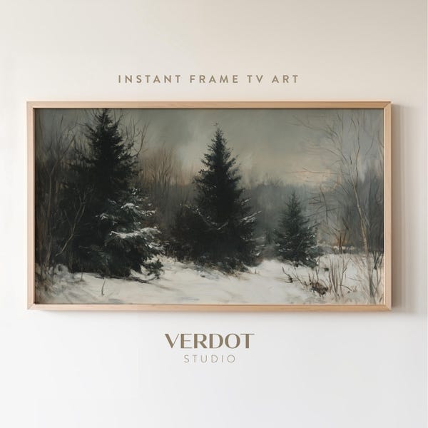 Vintage Winter Landscape Frame Tv Art, Dark Christmas Decor, Moody Holiday Painting Digital Download, Evergreen Tree Screensaver  | TV24208